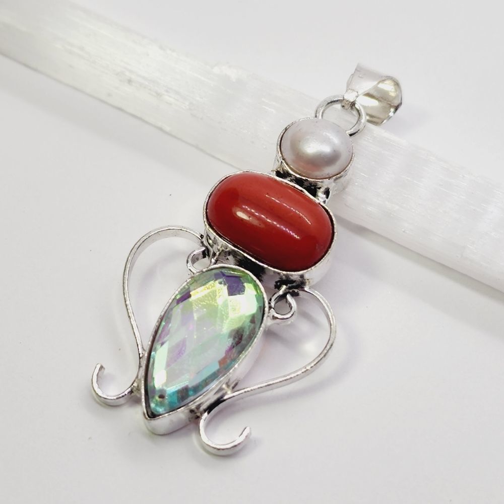 Fire Mystic Topaz 925 Silver Plated Handmade Gemstone Pendant Ethnic Gift 2.25"